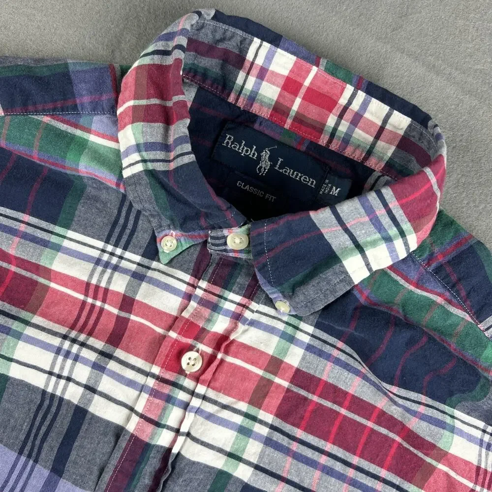 Ralph Lauren Shirt Mens Medium Madras Plaid Classic Fit Button Down Short Sleeve